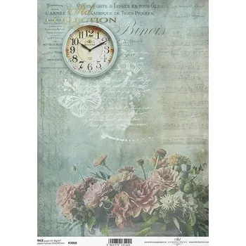 Umělecký papír Rýžový papír na decoupage ITD - Květy, hodiny, písmo, tyrkys - R1068