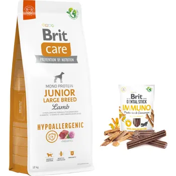 BRIT CARE Dog Hypoallergenic Junior Large Breed Lamb 12 kg + BRIT CARE Dog Dental Stick Immuno s probiotiky a skořicí 7 ks (251 g)