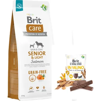 BRIT CARE Dog Grain-free Senior &amp; Light Salmon 12 kg + BRIT CARE Dog Dental Stick Immuno s probiotiky a skořicí 7 ks (251 g)