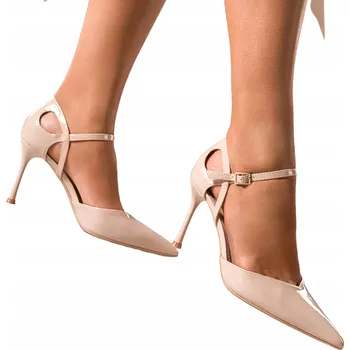 Dámské lodičky Lodičky Béžové Dámské LAKOVANÉ na JEHLOVÉM PODPATKU s Páskem Pohodlné Módní vel. 40