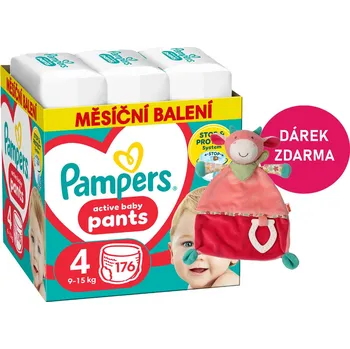 Dětské zboží Pampers Active Baby Pants vel. 4 - 176 ks (9-15 kg) + Při koupi Pampers Active Baby Pants dostanete NUK Happy Farm - Dečka/mazlíček s kousátkem kravička jako dárek.