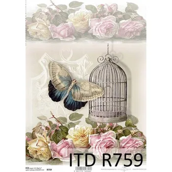Umělecký papír Rýžový papír na decoupage ITD - Motýl, klec, růže - R0759