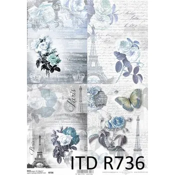 Umělecký papír Rýžový papír na decoupage ITD - Paris,písmo,motýl,růže,modré - R0736