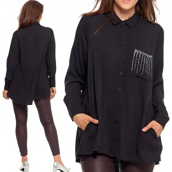 Dámská košile Dámská košile Moraj černá oversize viskóza dlouhý rukáv s kamínky S