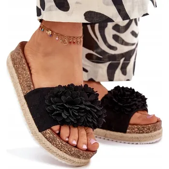 Dámská obuv NAZOUVÁKY DÁMSKÉ KORKOVÁ PLATFORMA S PLETENINOU OZDOBNÉ KVĚTINY ČERNÉ 36