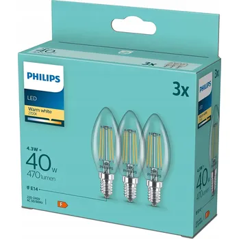 Žárovka 3x LED žárovka E14 svíčka B35 4,3W = 40W 2700K teplá filamentová Philips