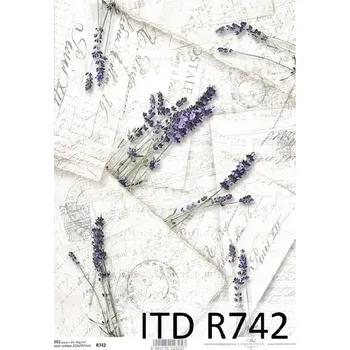 Umělecký papír Rýžový papír na decoupage ITD - Písmo, razítka, levandule - R0742
