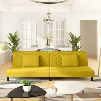 Pohovka vidaXL 2místná rozkládací pohovka se 2 polštáři samet [375913] Barva: Žlutá