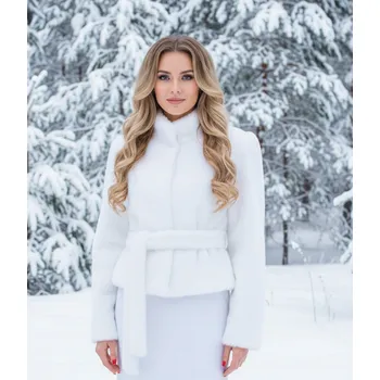Dámský kožich Kožešinový svatební kabátek s páskem - bílý: BS-55 Vybraná velikost: 40