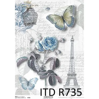 Umělecký papír Rýžový papír na decoupage ITD - Paris,písmo,motýl,růže,modré - R0735