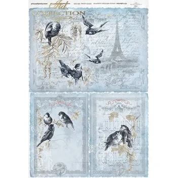 Umělecký papír Rýžový papír A4 pro tvoření ITD - Paris, písmo, ptáci, noty, modré - R0189
