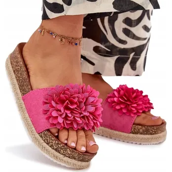 Dámské pantofle NAZOUVÁKY DÁMSKÉ KORKOVÉ PLATFORMY S VÝZDOBOU - PLETENÉ KVĚTINY FUCHSIOVÉ BARVY VELIKOST 39