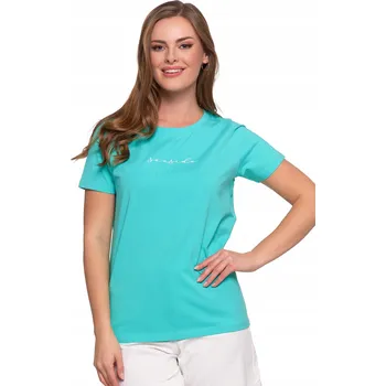 TRIČKO BAVLNĚNÉ DÁMSKÉ S KRÁTKÝM RUKÁVEM MORAJ TYRKYSOVÉ S NÁPISEM XS