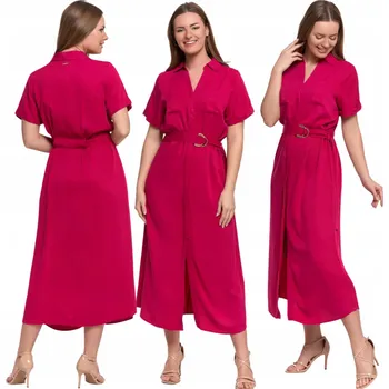 Dámské šaty ŠATY dámské MIDI košilové Elegantní na Knoflíky s Páskem MORAJ - S