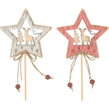 Vánoční dekorace Hvězda dřevěná s jelenem 7 cm + špejle 4755