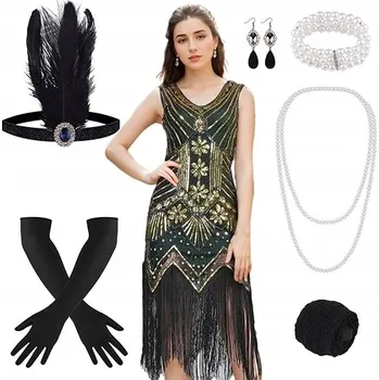 Dámské šaty FEPITO Retro LATA 20. Šaty + doplňky Vintage XL FLAPPER Zlatá