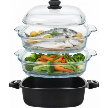 Pánev Set pro patrové parní vaření SKK Titanová pánev 26x26 cm, 2x skleněný parní nástavec, poklice