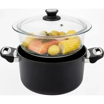 Parní hrnec SKK 20 cm / 10 cm – titanový hrnec, skleněný pařák a poklice, indukce