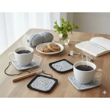 Svíčka Háčkovaná sada 4 ks podložek - šedé s černým