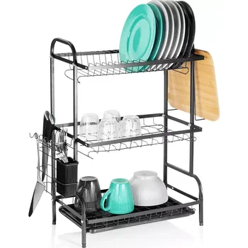 Organizace kuchyně Kovový odkapávač na nádobí, černý, tříúrovňový 54,5 × 24,5 × 60 cm