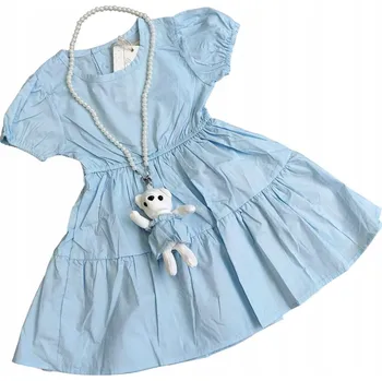 Dámské šaty 5-6 let Šaty bavlněné + náhrdelník Medvídek plyšová hračka v šatech světle modrá K106