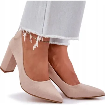 Dámské lodičky EKO SEMIŠOVÉ LODIČKY S ŠPIČATOU ŠPIČKOU NA SLOUPOVÉM PODPATKU BÉŽOVÉ 38