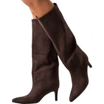 Dámské kozačky KOZAČKY Čokoládové Dámské SEMIŠOVÉ Široké Svršek Na Jehlovém Podpatku MÓDNÍ vel. 40