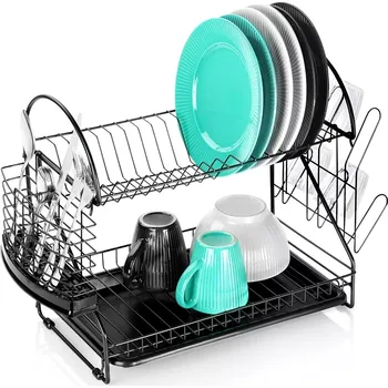 Odkapávač na nádobí Dvouúrovňový kovový odkapávač na nádobí, černý 53 × 24 × 38,5 cm
