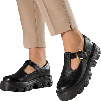 Dámské polobotky Kožené polobotky černé na platformě s protiskluzovou podrážkou, POLSKÝ VÝROBEK, velikost 39