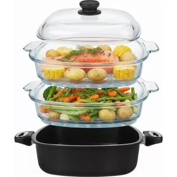 Pánev Set pro patrové parní vaření SKK: Titanová pánev 26x26 cm, 2x skleněný parní nástavec, poklice, indukční