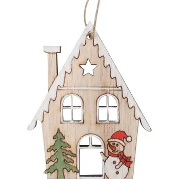 Vánoční dekorace Domek se sněhulákem dřevěný na zavěšení 4,5 x 6 x 0,5 cm, 2 ks v sáčku 30087
