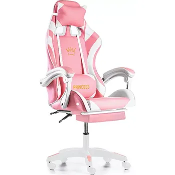 Herní židle Růžovo-bílá herní židle s podnožkou a masážní bederní opěrkou