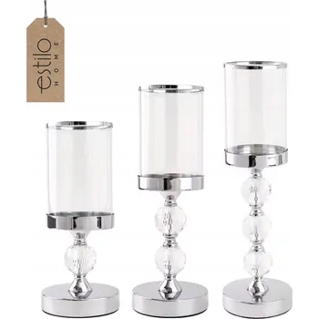 Svícen Skleněný svícen kalich stříbrný Glamour lucerna Křišťály - Sada 3 ks