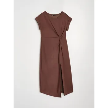 Dámské šaty Sinsay - Midi šaty s ozdobným řasením ze směsi s viskózou - tmavě hnědá - 200GY-89X - 200GY-89X-M