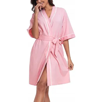 Dámský župan Dámský župan Kimono 100% Bavlna Růžový L Lehký Kapsy Pásek D1.5