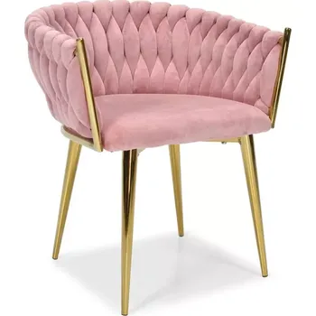 Jídelní židle Velurová růžová židle glamour se zlatými nohami a pleteným čalouněním