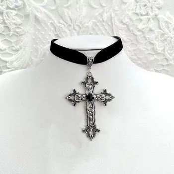 Náhrdelník Sametový červený křížový vintage choker | náhrdelník choker - B-černá