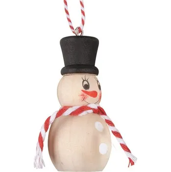 Vánoční dekorace Sněhulák s černým cylindrem dřevěný na zavěšení 3,5 x 6,5 x 3,5 cm 30091