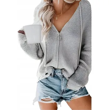 Dámská mikina Dámská mikina s kapucí Kardigan Pletenina Výstřih do V Šedá XL