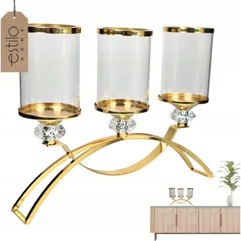 Svícen Skleněný svícen trojitý vánoční zlatý na čajové svíčky Glamour Lampion