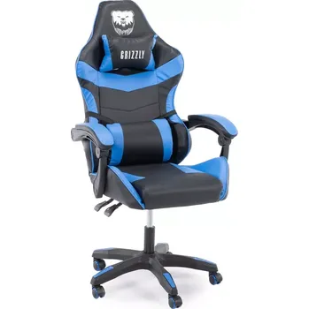 Ergonomické herní křeslo s polohovatelným opěradlem a polštáři – modré