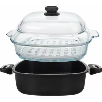 Hrnec Set pro parní vaření SKK: Titanová pánev 26x26/8 cm, skleněný parní nástavec a poklice, indukční