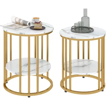Konferenční stolek HOMCOM Sada 2 kulatých stolků, konferenční stolky v mramorovém vzhledu s otevřeným úložným prostorem a kovovým rámem