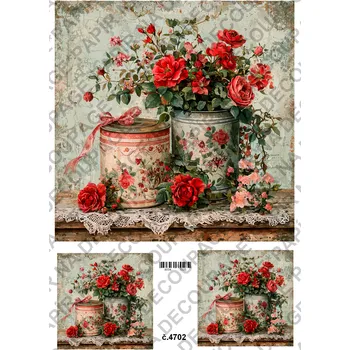Umělecký papír Rýžový a soft papír na decoupage - Květiny s plechovkou - KB4702 Materiál: Soft, Rozměr: A4