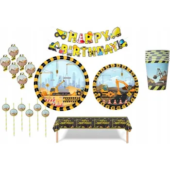 Obraz Narozeninová sada: kelímky, píšťalky, talířky, banner, brčka, bagr/stavební motiv