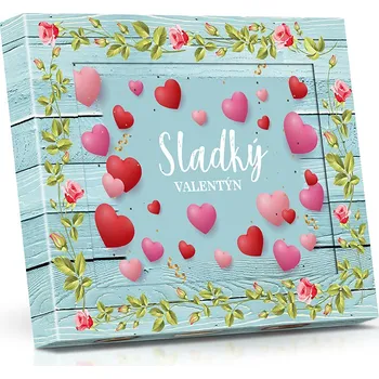 Bonboniéra Selllot, s.r.o., K Hájům 34, 155 00 Praha 5 - Vyrobeno na Ukrajině Sladký Valentýn - Plněné čokoládové lodičky s ořechy 125g (modré dřevo s růžemi)