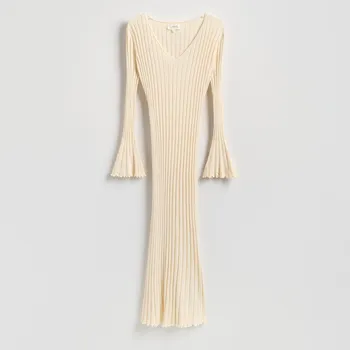 Dámské šaty Reserved - Žebrované šaty z viskózy - béžová - 487IY-08X - 487IY-08X-M