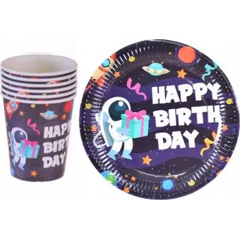 Party dekorace Sada talířků a kelímků k narozeninám Planeta Happy Birthday, 12 ks, motiv vesmír