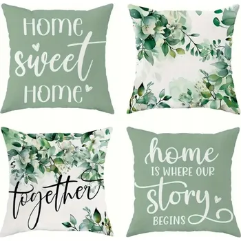 Povlak na polštářek 4x ZELENÉ DEKORAČNÍ POVLAKY NA POLŠTÁŘE S NÁPISY, OZDOBNÉ 45x45 cm POLŠTÁŘ