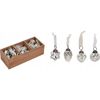 Vánoční dekorace Sada 36 stříbrných vánočních baněk v dřevěné krabičce 25x5x9 cm